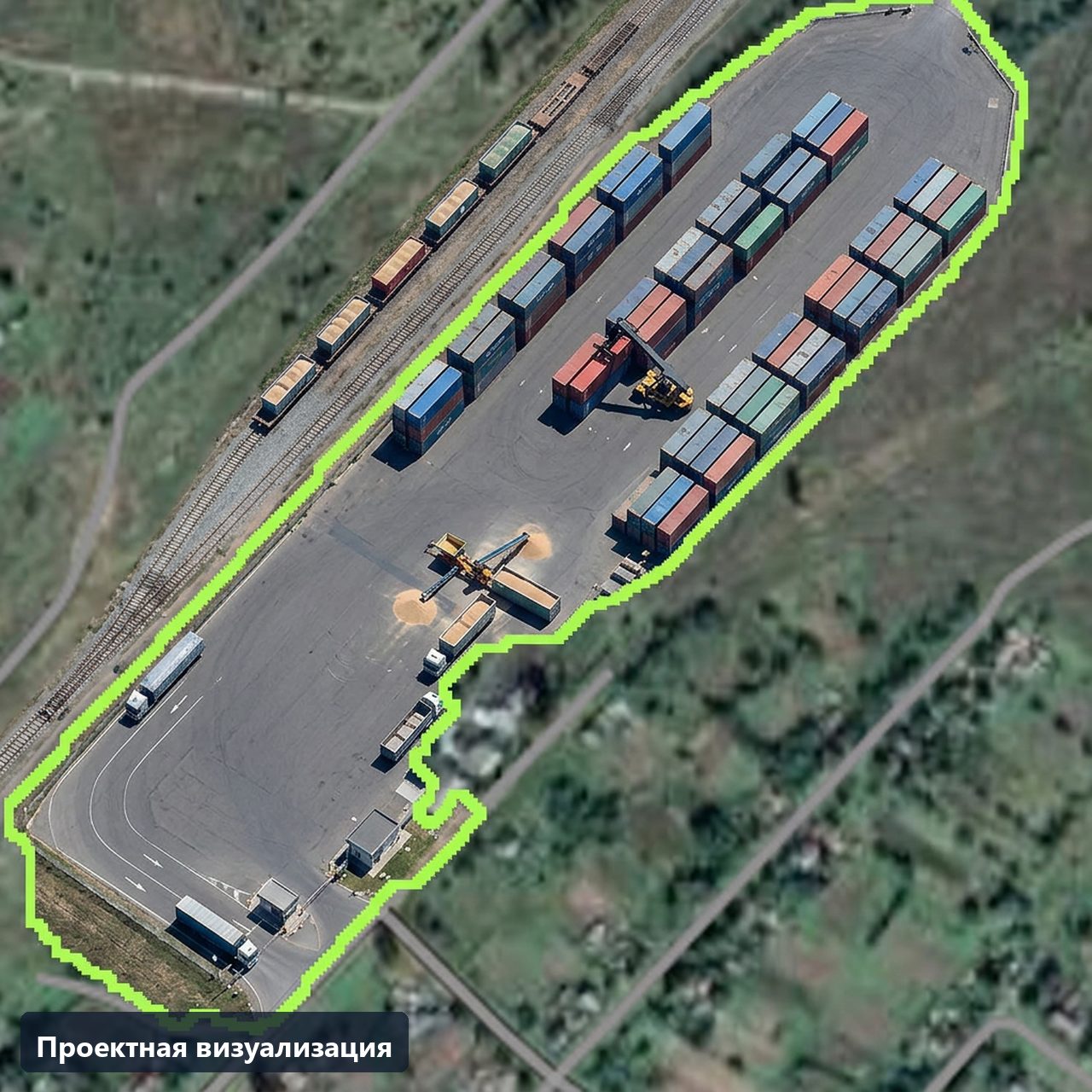 Проектная визуализация производственной базы в границах участка: производственные корпуса, модульный центр обработки данных, подстанция