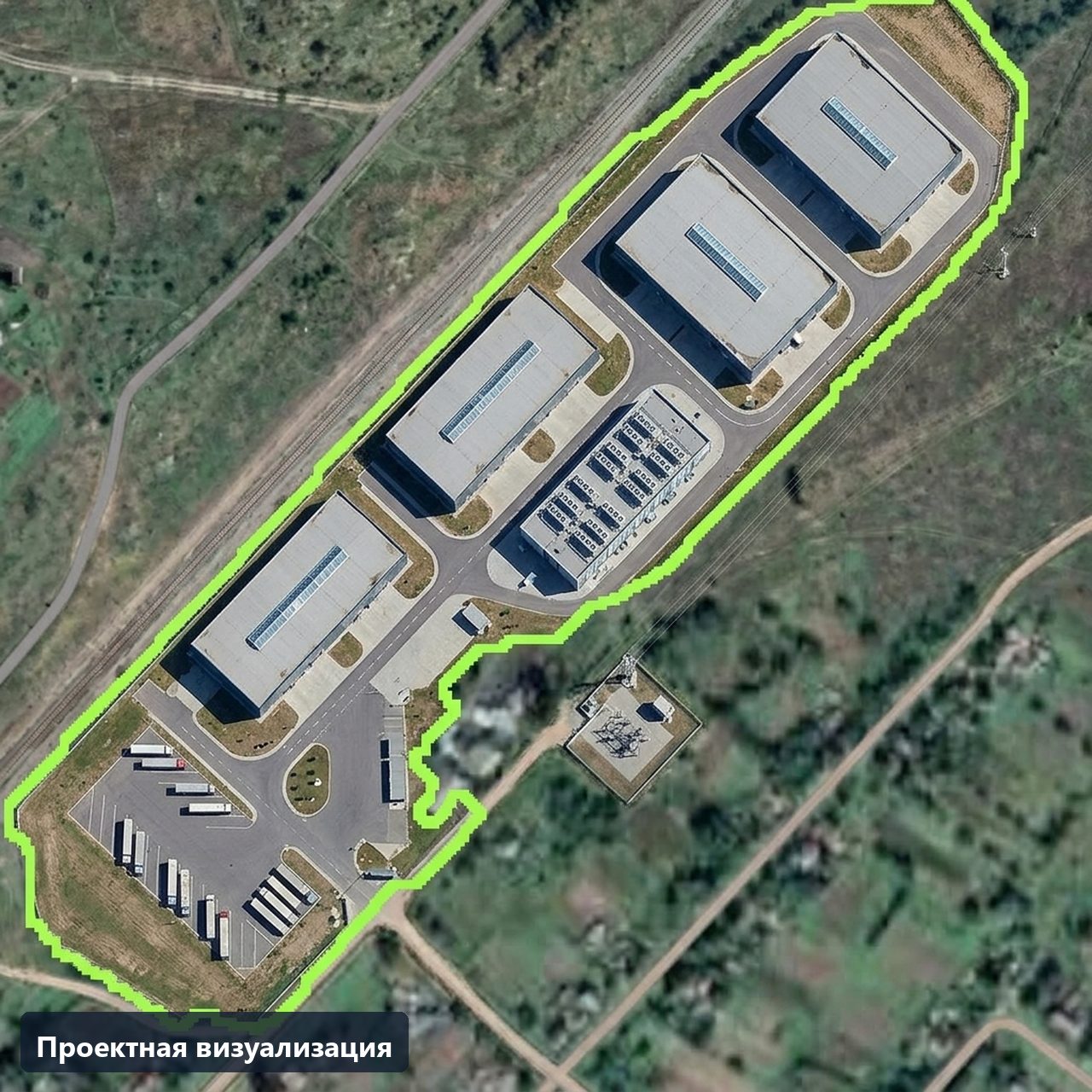Проектная визуализация тыловой контейнерной площадки в границах участка: штабели контейнеров, зона затарки зерна, платформы на пути